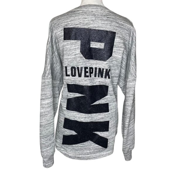 PINK Victoria's Secret Grey Bling Black Varsity Crew Sweatshirt Pullover Large - Picture 3 of 9